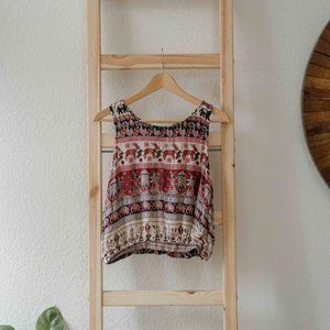 Cropped Burgundy Patterned Loose Fitting Shirt with Peak-a-boo back